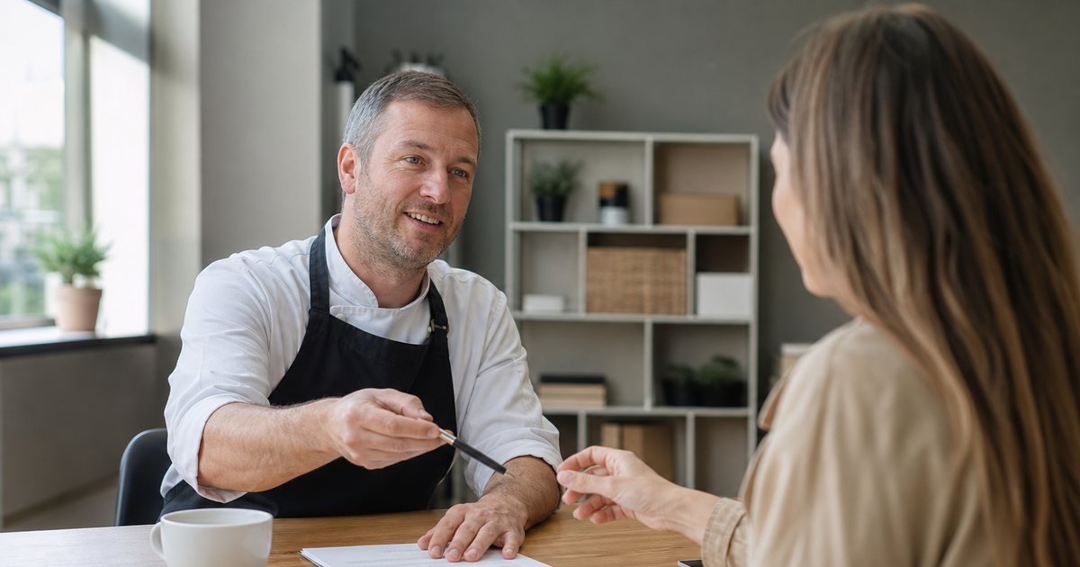A caterer in a black apron sitting at a wooden desk in a small catering office, handing a pen to a client across the table, a printed contract and a coffee cup between them, morning light through a window