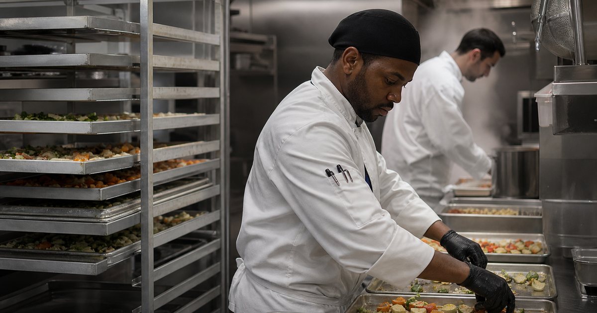 Early morning inside a stainless steel commercial kitchen, two cooks in white jackets portioning chopped vegetables onto sheet pans, tall rolling racks loaded with pans beside them, soft overhead lighting and faint steam rising near a range