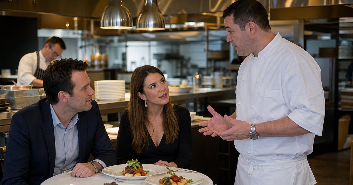 A couple seated at a small linen-covered table in a catering kitchen tasting three plated sample dishes, a chef in whites standing beside them explaining, stainless steel counters and warm overhead lights in the background