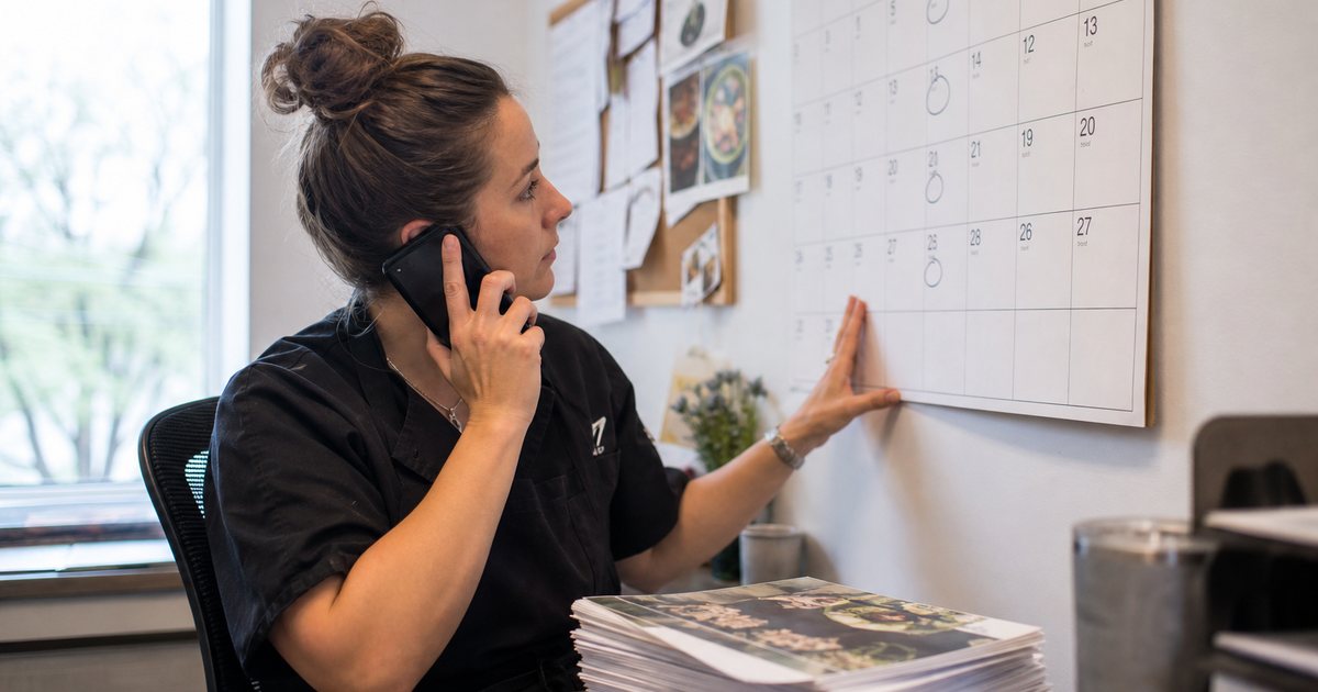 A catering owner on the phone in a small office, looking at a large paper wall calendar with dates circled, a stack of printed event folders on the desk, natural light from a side window