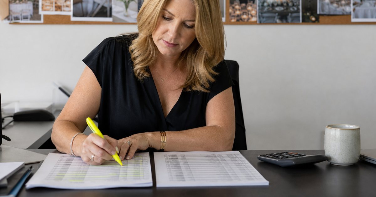 A catering office manager at a desk comparing two printed documents side by side with a highlighter, a calculator and a mug beside them, a corkboard of event photos on the wall behind