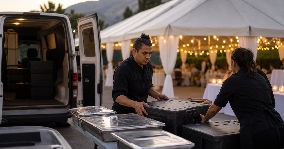Catering crew in dark aprons stacking insulated food carriers and covered hotel pans onto a folding table behind an event tent at dusk, warm blurred string lights in the background, open doors of a plain unbranded van nearby