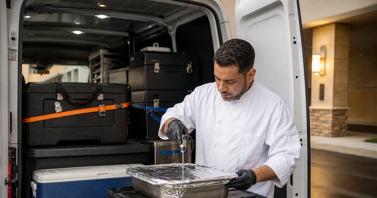 A catering van with its rear doors open in a hotel loading dock, insulated hot boxes and coolers strapped in the back, a cook in a white jacket inserting a probe thermometer into a covered hotel pan