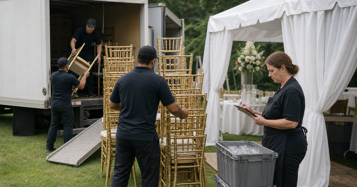 A rental company crew unloading stacks of gold chiavari chairs and crates of glassware from a box truck onto a lawn beside a white event tent, a caterer in an apron checking items against a clipboard