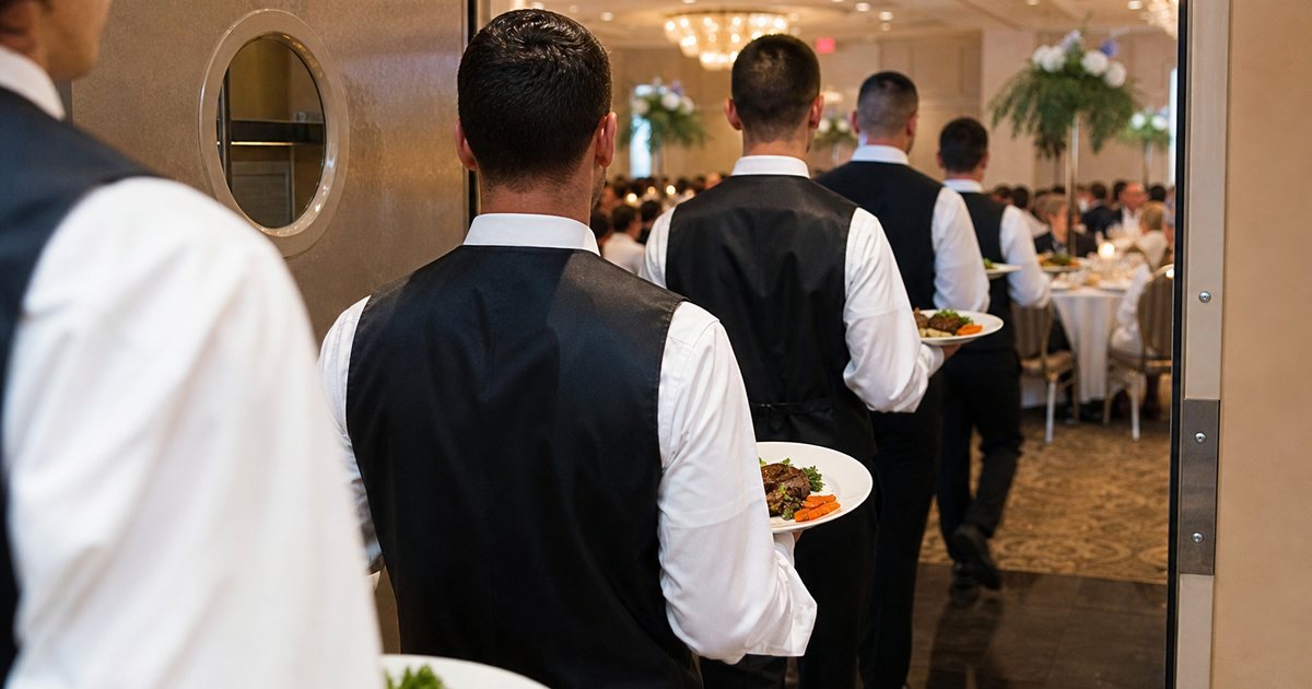 A line of servers in black vests carrying plated dinners out of a hotel ballroom kitchen door in a coordinated wave, round tables with white linens and centerpieces visible beyond, warm chandelier light