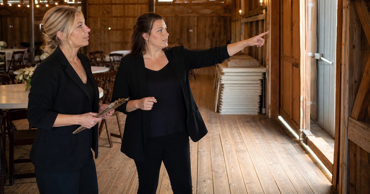 A catering manager with a clipboard standing in an empty barn wedding venue with a venue coordinator, pointing toward a loading door, string lights overhead, folding tables stacked against the wall, afternoon sunlight