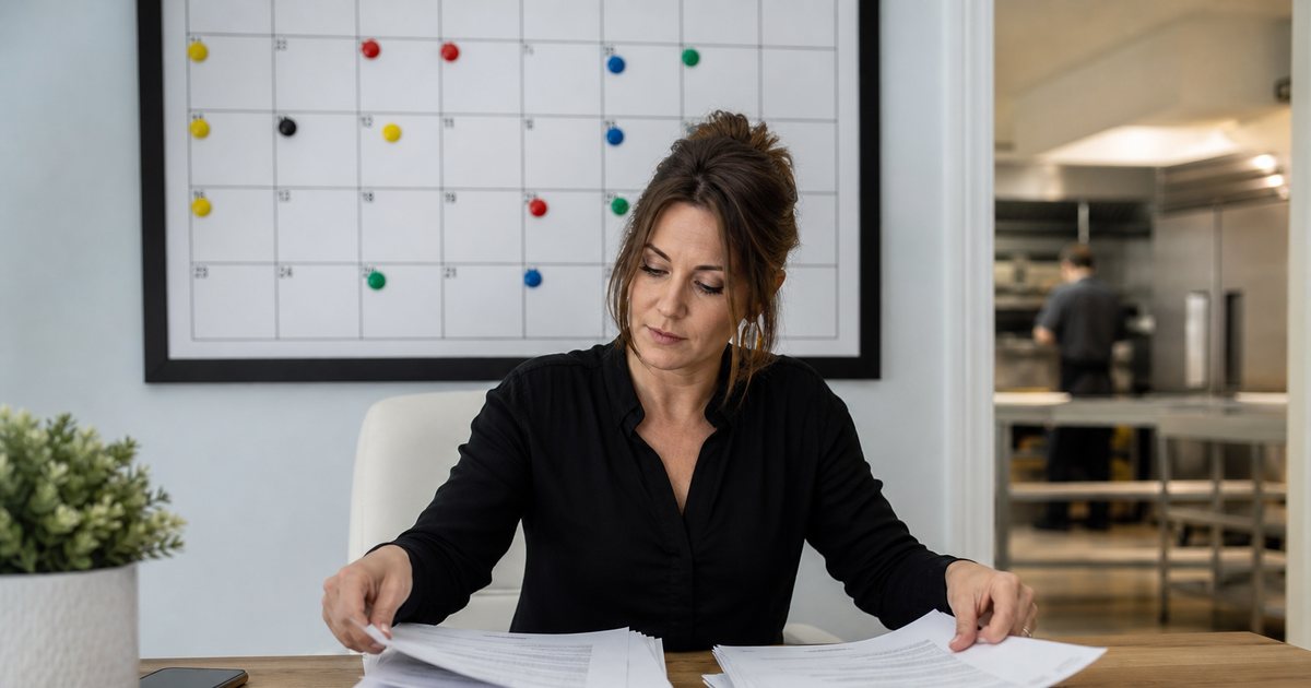 A catering owner at a wooden desk sorting printed event inquiry forms into two piles, a wall calendar with most dates marked by colored magnets behind them, a commercial kitchen visible through an open doorway